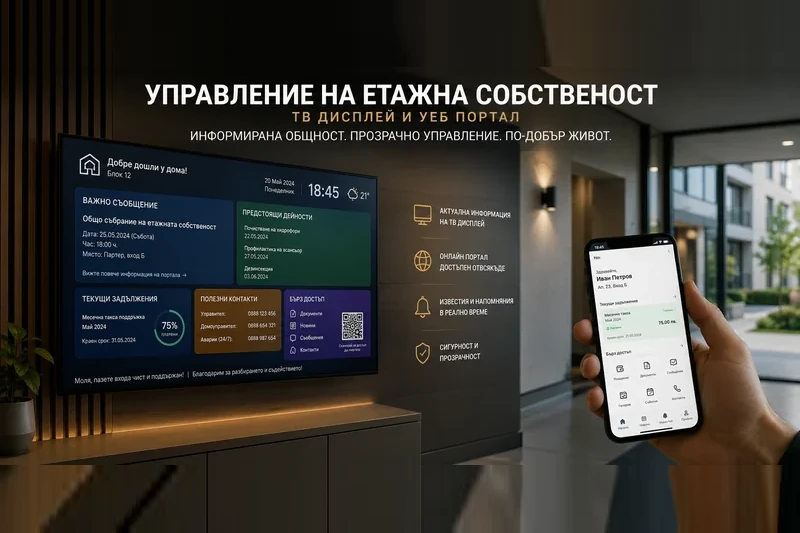 Управление на етажна собственост — ТВ дисплей и уеб портал